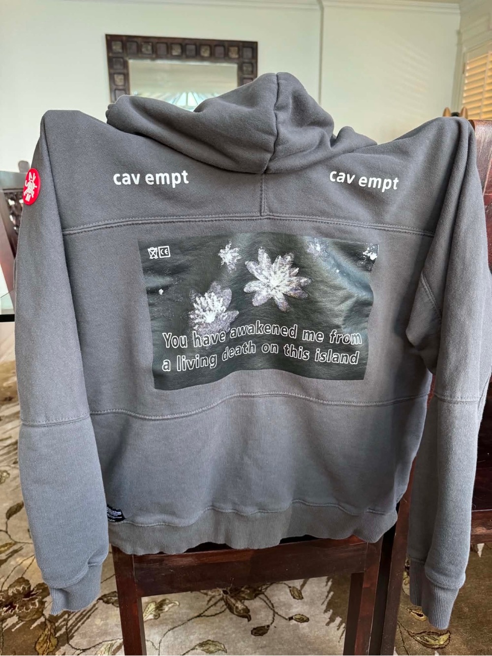 Cav Empt Gray Graphic Hoodie with White Print